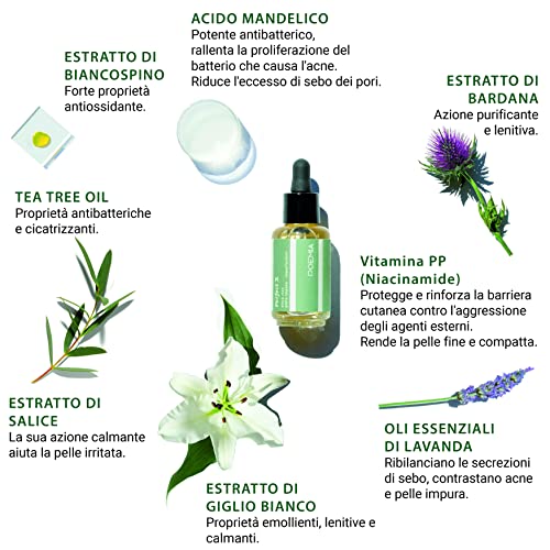 Poemia Face Serum Gel Piel impura Imperfecciones Acné Poros dilatados Orgánico Vegano Certificado Ácido mandélico Sauce Bardana Aceite de árbol de té Hombre Mujer Made In Italy