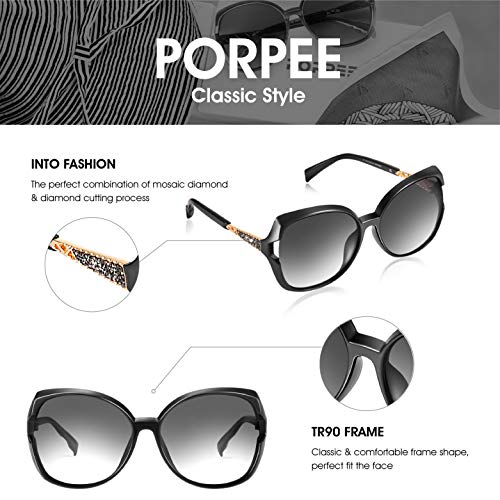 PORPEE Gafas de Sol Mujer Polarizadas, 2021 Gafas de Sol Moda con Tecnología de Incrustación de Diamante - Lentes polarizantes HD de Nylon | UV400 Protection | Resistencia al Deslumbramiento