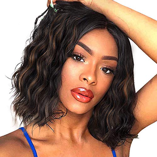 PORSMEER Pelucas Negro con Reflejos Marrón, Corto Ondulado Bob Encaje Frontal Pelucas Natural para Mujer, Cabello Negras Rizado Hombro Longitud Sintético Lace Front Pelo para Cosplay Disfraces 14"