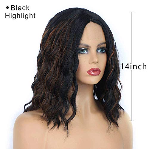 PORSMEER Pelucas Negro con Reflejos Marrón, Corto Ondulado Bob Encaje Frontal Pelucas Natural para Mujer, Cabello Negras Rizado Hombro Longitud Sintético Lace Front Pelo para Cosplay Disfraces 14"