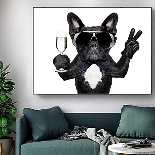 Póster con imagen de 70x90cm sin marco, lindo perro fresco, estampado de animales, arte de pared, Bulldog, gafas de sol para beber, imagen para guardería, decoración de habitación de niños