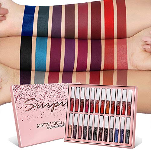 Pretty Comy Matte Lipstick Set, 24 Colores Lápices labiales líquidos de Terciopelo de larga Duración Taza Antiadherente a prueba de Agua Juego de Regalo de Maquillaje con brillo labios Pigmentado