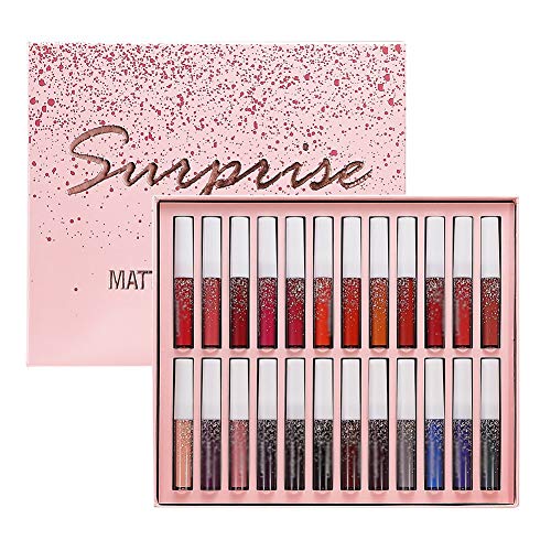 Pretty Comy Matte Lipstick Set, 24 Colores Lápices labiales líquidos de Terciopelo de larga Duración Taza Antiadherente a prueba de Agua Juego de Regalo de Maquillaje con brillo labios Pigmentado