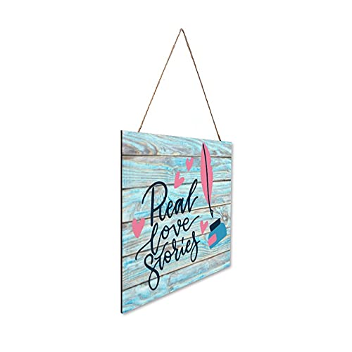 Promini Letrero de madera con texto en inglés "Real Love Stories" para decoración de pared, decoración rústica para salón, dormitorio, oficina, tienda, letreros, 30,5 x 30,5 cm, color azul