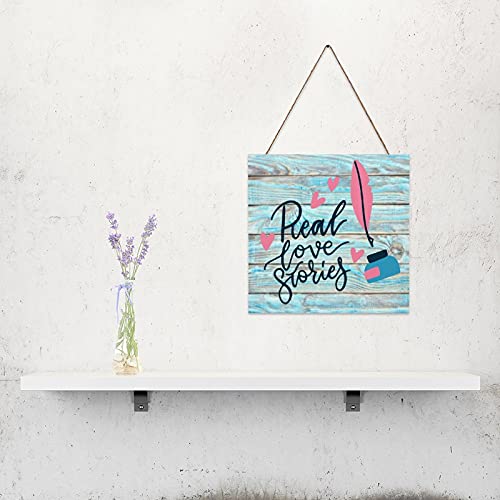 Promini Letrero de madera con texto en inglés "Real Love Stories" para decoración de pared, decoración rústica para salón, dormitorio, oficina, tienda, letreros, 30,5 x 30,5 cm, color azul