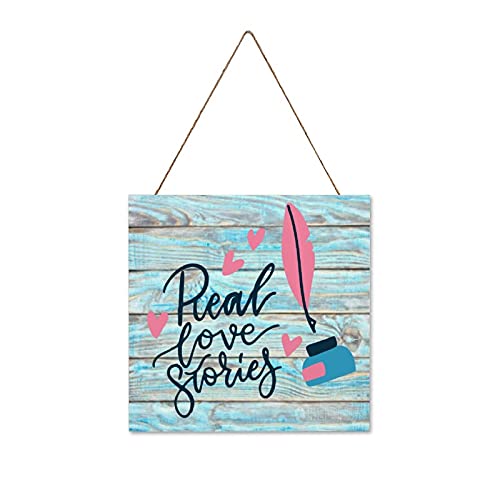 Promini Letrero de madera con texto en inglés "Real Love Stories" para decoración de pared, decoración rústica para salón, dormitorio, oficina, tienda, letreros, 30,5 x 30,5 cm, color azul