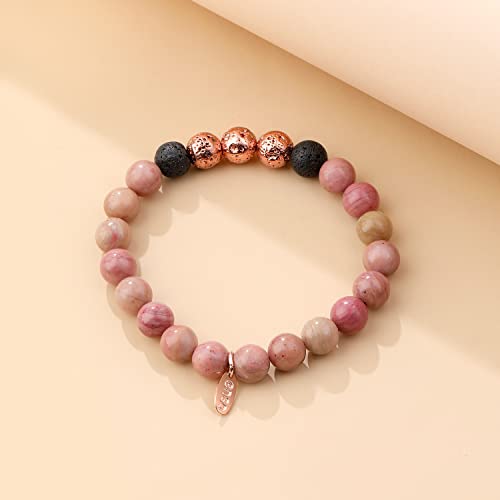 Pulsera Cuarcita Rosa semipreciosas para aliviar el estrés de la ansiedad, Bolas de Lava, aromaterapia, Mujeres y Hombres – Pulsera de Piedra Natural difusor de Aceite 18 cm (Cuarcita Rosa)