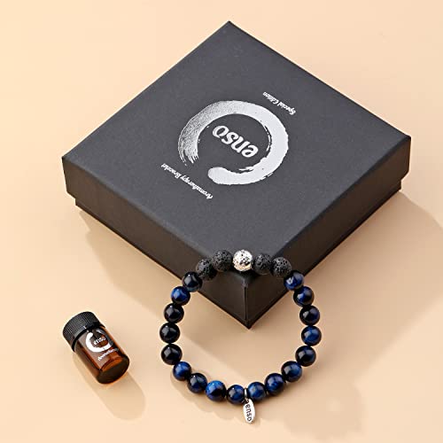 Pulsera Cuarcita Rosa semipreciosas para aliviar el estrés de la ansiedad, Bolas de Lava, aromaterapia, Mujeres y Hombres – Pulsera de Piedra Natural difusor de Aceite 18 cm (Ojo Tigre Azul)