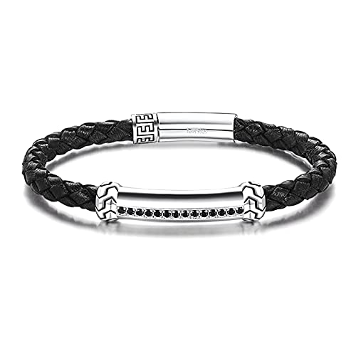 Pulsera De Cuero Genuino con Diseño De Espiga para Hombre, Cuerda Trenzada, Encanto De Energía Espiritual De Plata De Ley 925 con Cierre De Botón Pulsador, Negro