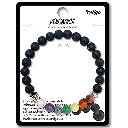 Pulsera de los 7 Chakras Piedras Naturales con Buda-Pulsera de Meditación y Yoga para Mujer y Hombres-Pulsera Elastica de Cuentas-Unisex para Regalos (Roca Volcánica,Lava negro,6mm)