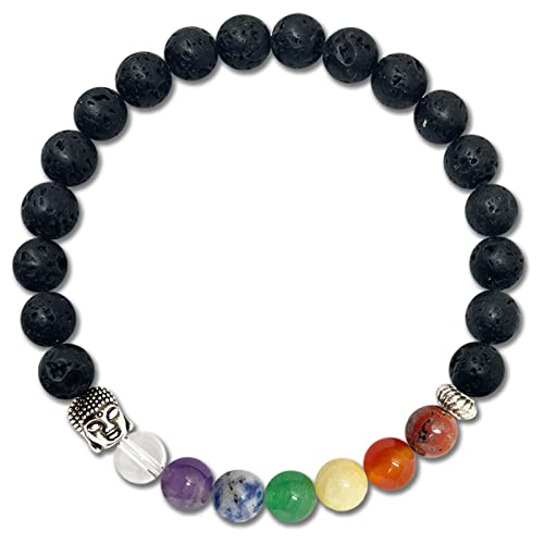 Pulsera de los 7 Chakras Piedras Naturales con Buda-Pulsera de Meditación y Yoga para Mujer y Hombres-Pulsera Elastica de Cuentas-Unisex para Regalos (Roca Volcánica,Lava negro,6mm)