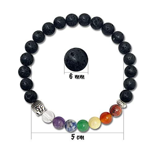 Pulsera de los 7 Chakras Piedras Naturales con Buda-Pulsera de Meditación y Yoga para Mujer y Hombres-Pulsera Elastica de Cuentas-Unisex para Regalos (Roca Volcánica,Lava negro,6mm)