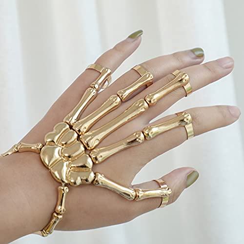 Pulsera de mano de esqueleto de calavera, pulsera de esqueleto de metal, joyería de la muñeca de Halloween para las mujeres