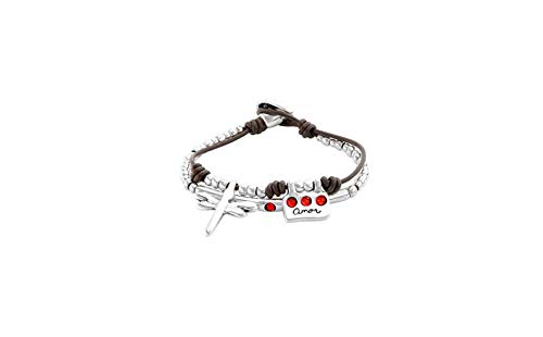 Pulsera Uno de 50 Love PUL2061ROJMTL0M - Pulsera de dos tiras de cuero marrón, con abalorios centrales de metal bañado en plata