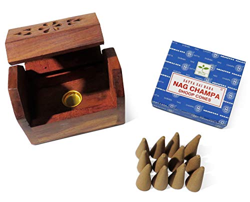 Purity Style Caja de quemador de cono de incienso de madera con 12 conos Nag Champa Dhoop