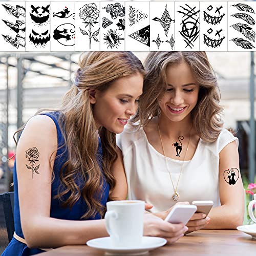 Qpout Tatuajes Temporales Para Adultos Mujeres Hombres (60 Hojas) Tatuajes a Prueba De Agua Pegatinas De Arte Negro Falso Cara Brazo Manga Tatuajes En La Muñeca