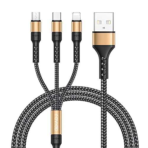 RAVIAD 3 en 1 Multi Cable de Carga, Multi USB Cargador Cable [1.2M] Nylon Múltiples Micro USB Tipo C para Android Samsung Galaxy S10/S9/S8/S7, Huawei P30/P20, Sony, Xiaomi, OnePlus- Oro