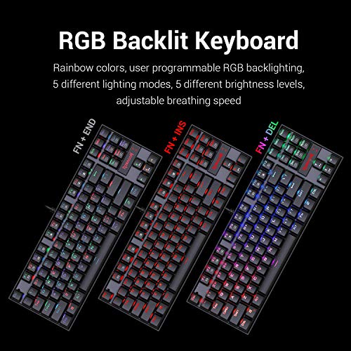 Redragon Teclado para Juegos Mecánico RGB LED Iluminado K552 KUMARA 87 Teclas Teclado Mecánico Interruptor Azul para PC Gaming Diseño Compacto De Metal ABS (Diseño QWERTY US - Iluminación RGB)