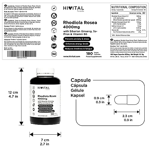 Rhodiola Rosea 4000 mg. 180 cápsulas veganas para 6 meses. Previene la ansiedad y el estrés y reduce el cansancio y la fatiga. Con extractos de Rodiola Rosea, Ginseng Siberiano, Azafrán y Vitamina B6