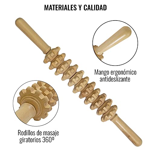 Rodillo Masajeador Maderoterapia Anticelulitico de Madera - Masaje Corporal Anti Celulitis - Piernas, Glúteos, Espalda, Brazos - 40 cm