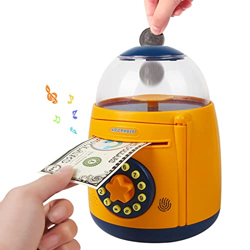 RONVEI Hucha Electrónica para Niños, Hucha Digital con Contraseña y Luz UV,Hucha Eléctrica para Monedas y Billetes Desbloqueo de Huellas Dactilares,Máquina de Ahorro Automático Mini ATM,D