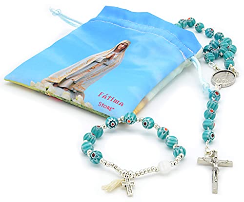 Rosario Religioso Verde Esmeralda Virgen de Fatima. Cristal de Murano Millefiori Convertible en Collar Hombre o Collar Mujer con Pulsera a Juego y Bolsa de Tela. Fatima Murano Verde Esmeralda