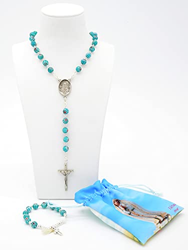 Rosario Religioso Verde Esmeralda Virgen de Fatima. Cristal de Murano Millefiori Convertible en Collar Hombre o Collar Mujer con Pulsera a Juego y Bolsa de Tela. Fatima Murano Verde Esmeralda