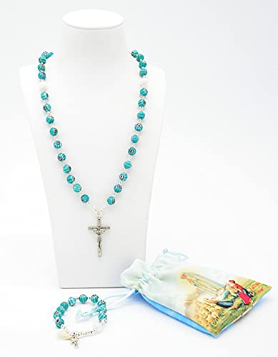 Rosario Religioso Verde Esmeralda Virgen de Fatima. Cristal de Murano Millefiori Convertible en Collar Hombre o Collar Mujer con Pulsera a Juego y Bolsa de Tela. Fatima Murano Verde Esmeralda