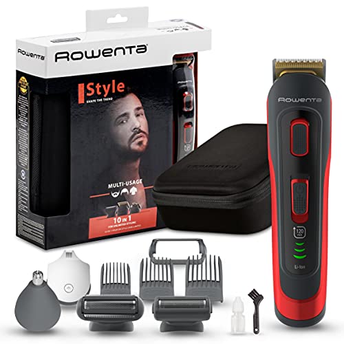 Rowenta Selectium Style Rojo TN9440 Multiaccesorios 10 en 1, Cuchillas autoafilables titanio para cabello y barba, afeitadora corporal, uso inalámbrico, autonomía de 120 min, resistentes al agua