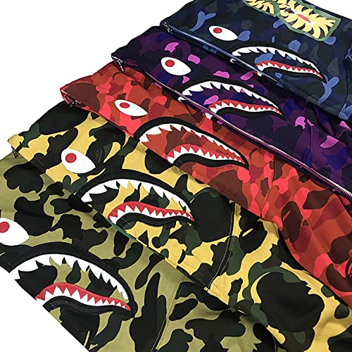 RR-CHY Hombres Bape Shark Head Sudadera Sudaderas Top Blusa Chándales Manga Larga Otoño Invierno Casual Cremallera Camuflaje Contraste Costuras Hip Hop Tops