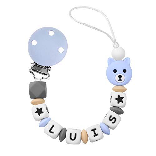 RUBY - Chupetero Personalizado ILOVEMOM para Bebé con Nombre Bola Antibacteriana con Pinza de Acero Inoxidable cubierta de Silicona, Chupetero Oso (Azul Pastel-XX)