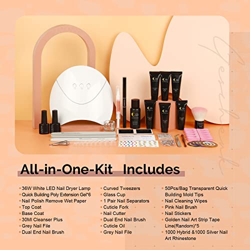 Saint-Acior 6PCS Kit de Poly UV Gel Gel Construcción Uñas Extensión de Uñas 36W UV/LED Lámpara Uñas Secador de Uñas Capa Base Capa Superior DIY Uña Arte