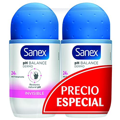 Sanex Desodorante roll-on dermo invisible, paquete de 2 piezas