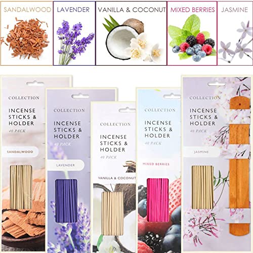 SCENTORINI Varillas de Incienso con Soportes de Incienso de Regalo, 5 x 40 Varillas con 5 Fragancias: Sándalo, Lavanda, Vainilla y Coco, Bayas Mixtas, Palo de Jazmín para Relajación y Meditación Yoga