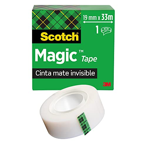 Scotch Magic Cinta Adhesiva Invisible - 1 Rollo de 19mm x 33m - Cinta Adhesiva de Uso General para Reparación, Etiquetado y Sellado de Paquetes y Documentos