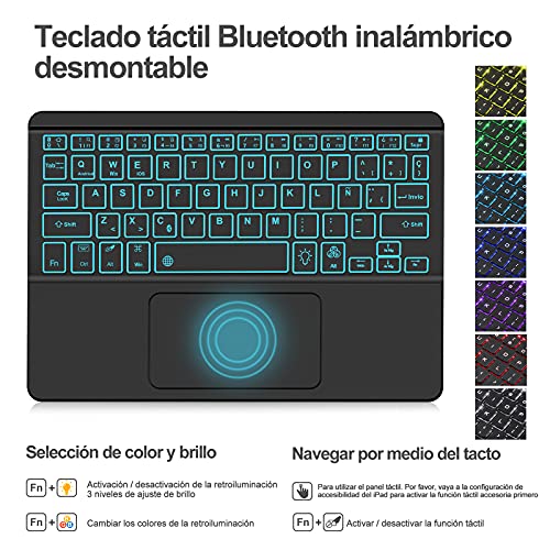 SENGBIRCH Teclado Funda para iPad 9.7, Teclado Touchpad Español Ñ Bluetooth Retroiluminada para iPad Air 2/Air/9.7 2018/9.7 2017/Pro 9.7 con Smart Slim Cover, Nergo