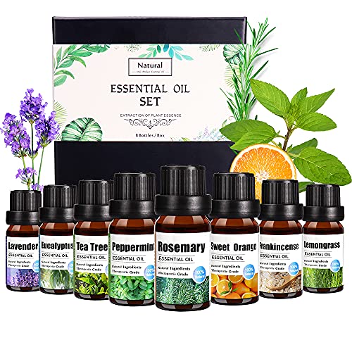 Set de aceites esenciales, LangRay aceite de fragancia de aromaterapia 8x10ml Aceite esencial para aroma difuso con árbol de té lavanda hierba de limón menta naranja dulce eucalipto romero incienso