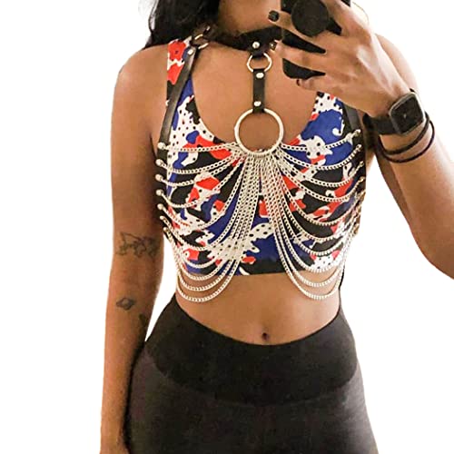 Sethain Punk Cuero Pecho Cadena Negro En capas Sostén Cadenas Multicapa Cadenas de cuerpo Club nocturno Collar Accesorios para el cuerpo Joyas para mujeres y niñas