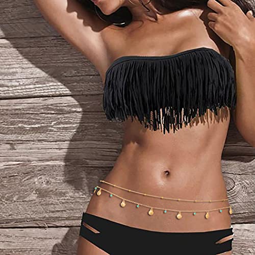 Sethexy En capas Rosario Cadena de cintura Oro Turquesa Cadena del vientre Cáscara Cadena de estómago playa Accesorios de joyería para el cuerpo para mujeres y niñas