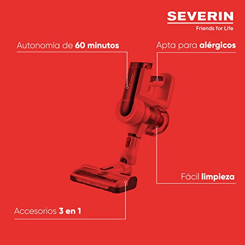 SEVERIN Aspiradora 2 en 1 de mano y escoba, potente aspirador sin cable para el pelo de las mascotas, aspirador vertical con autonomía de hasta 60 min, blanco/rojo, HV 7166