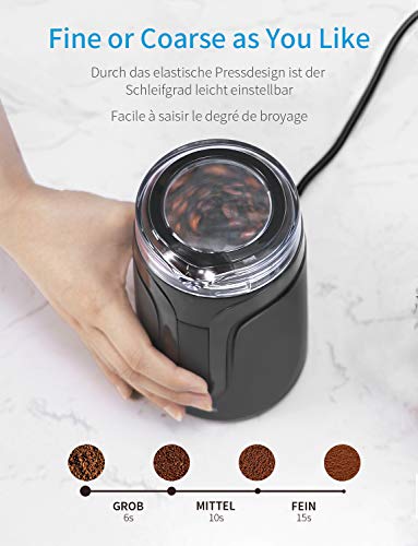 SHARDOR Molinillo de Café Eléctrico Semillas Especias Muela Rápido, Molino Cafe Cereales con Cuchillas Acero Inoxidable, para Familia Pequeña Despacho Viaje Libre de BPA Negro con Cepillo y Cuchara