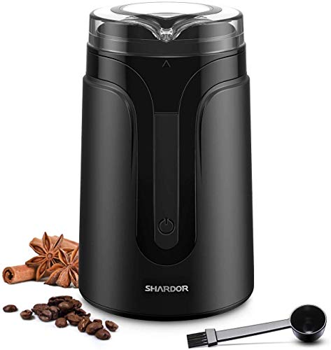 SHARDOR Molinillo de Café Eléctrico Semillas Especias Muela Rápido, Molino Cafe Cereales con Cuchillas Acero Inoxidable, para Familia Pequeña Despacho Viaje Libre de BPA Negro con Cepillo y Cuchara