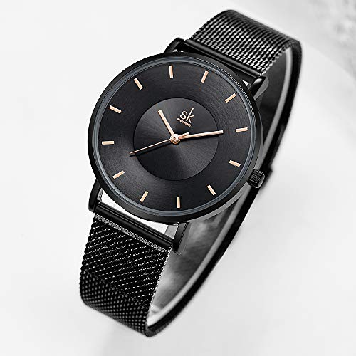 SHENGKE- Reloj de Pulsera para Mujer, Correa de Malla, Elegante, para Mujer, Estilo Simplicidad (K0059-black-mesh Band)