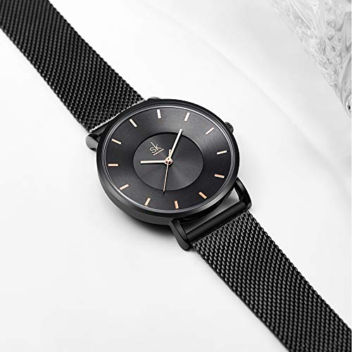 SHENGKE- Reloj de Pulsera para Mujer, Correa de Malla, Elegante, para Mujer, Estilo Simplicidad (K0059-black-mesh Band)