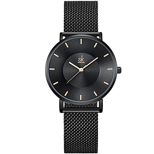 SHENGKE- Reloj de Pulsera para Mujer, Correa de Malla, Elegante, para Mujer, Estilo Simplicidad (K0059-black-mesh Band)