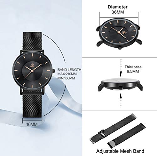 SHENGKE- Reloj de Pulsera para Mujer, Correa de Malla, Elegante, para Mujer, Estilo Simplicidad (K0059-black-mesh Band)