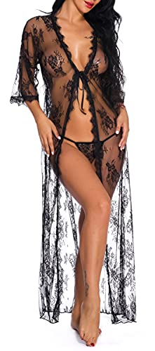 ShinyStar Lencería sexy para mujer, de encaje, kimono, vestido babydoll, transparente, ropa de noche con tanga., Negro , L