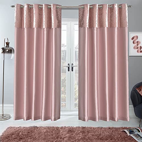 Sienna Par de Cortinas de Terciopelo aplastado Totalmente Forradas con Ojales en la Parte Superior de Seda sintética para Tratamiento de Ventanas – Color Rosa Rubor, Ancho 116 cm x caída 137 cm