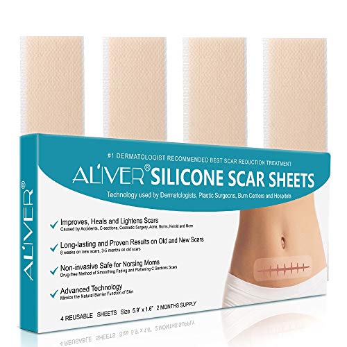 Silicone Scar Removal Sheets, Fast & Effective Removes Scars for C-Sections, Acne, Surgery, Burn and More, Reusable Scar Strips [5.9”x1.57”] - 4 Pack (2 Month Supply)