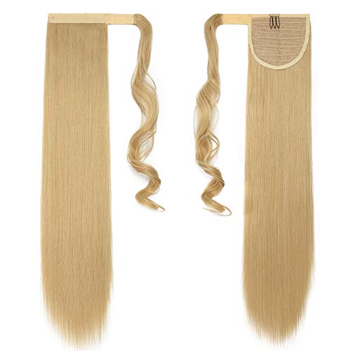 Silk-co Coleta Postiza de Pelo Sintético Liso con Clips Extensiones de Cabello Invisible y Natural Ponytail Velcro Hair Extension #Rubio Dorado & Pálido (58cm,90g)